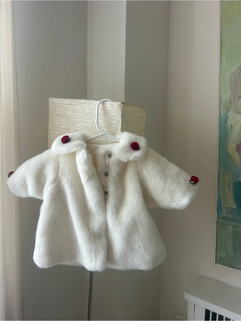 CHILDRENS PLACE White Faux Fur Baby Coat with Red Pom Details